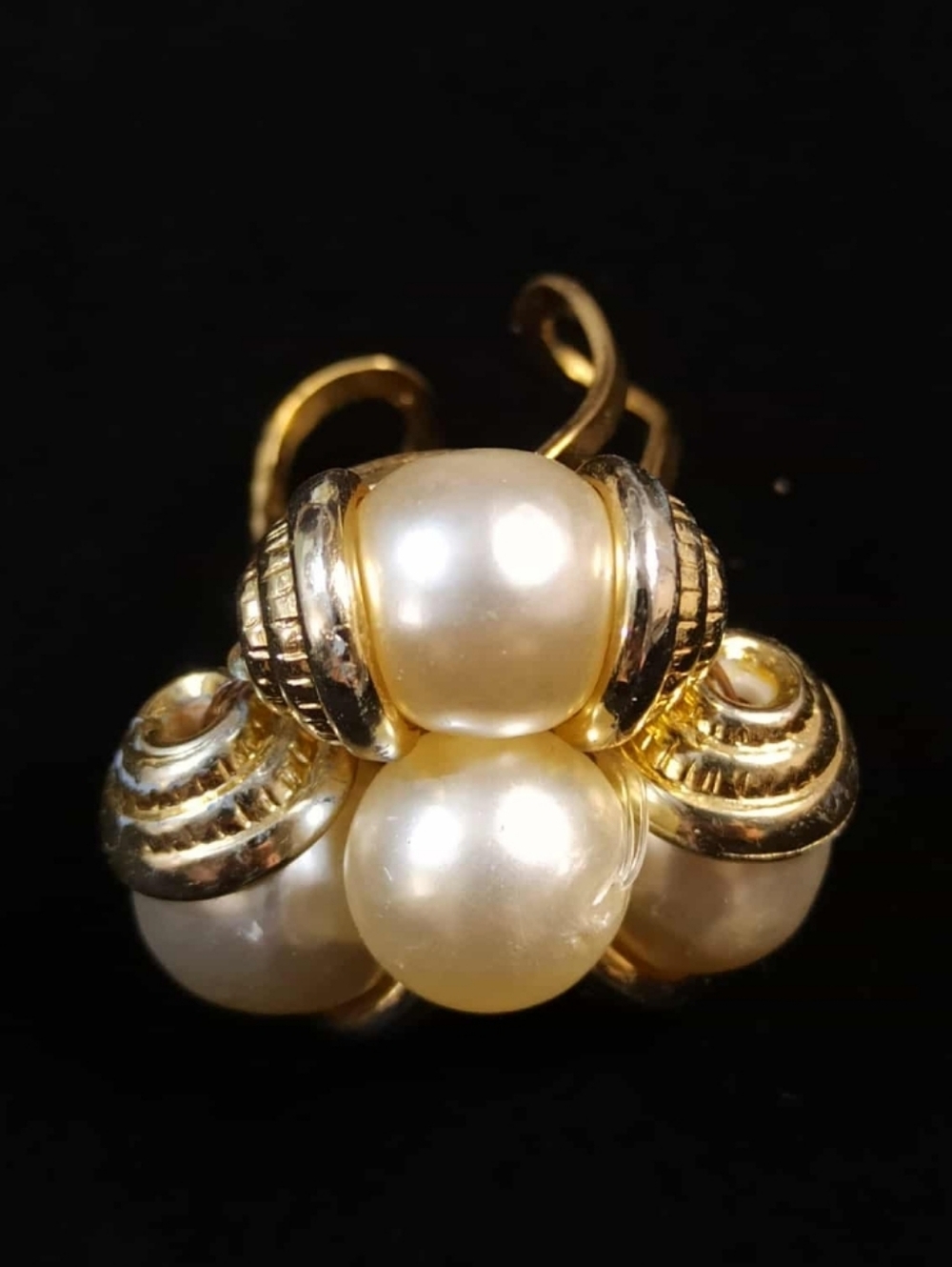 Vintage 80s Oversized Faux Pearl Cluster Ring Gold Tone Adjustable Bold